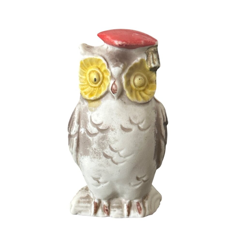 VTG Ceramic Owl Figurine w/Red Graduation Cap & Big Yellow Eyes Japan Retro MCM